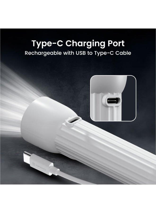 بورترونيكس Portronics Eco Glow Mini LED Torch Light with USB Rechargeable Battery, Compact Size Flashlight, Dual-Brightness Levels, SOS Emergency Light Mode, for Home, Outdoor, Camping, Travel (White) - Image 4